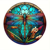 Závesná okrúhla vitráž - Vážka modrá, 8 cm